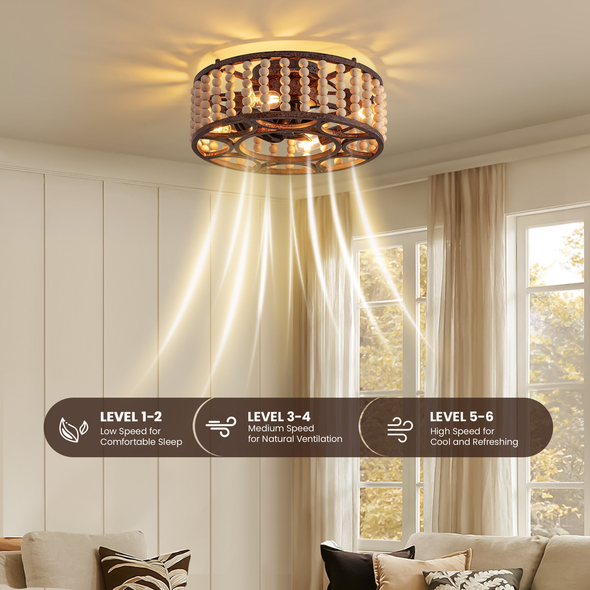 20 in. Indoor Walnut Beaded Caged Ceiling Fan with Light and Remote, Flush Mount Fan for Living Room,Dining Room,Kitchen