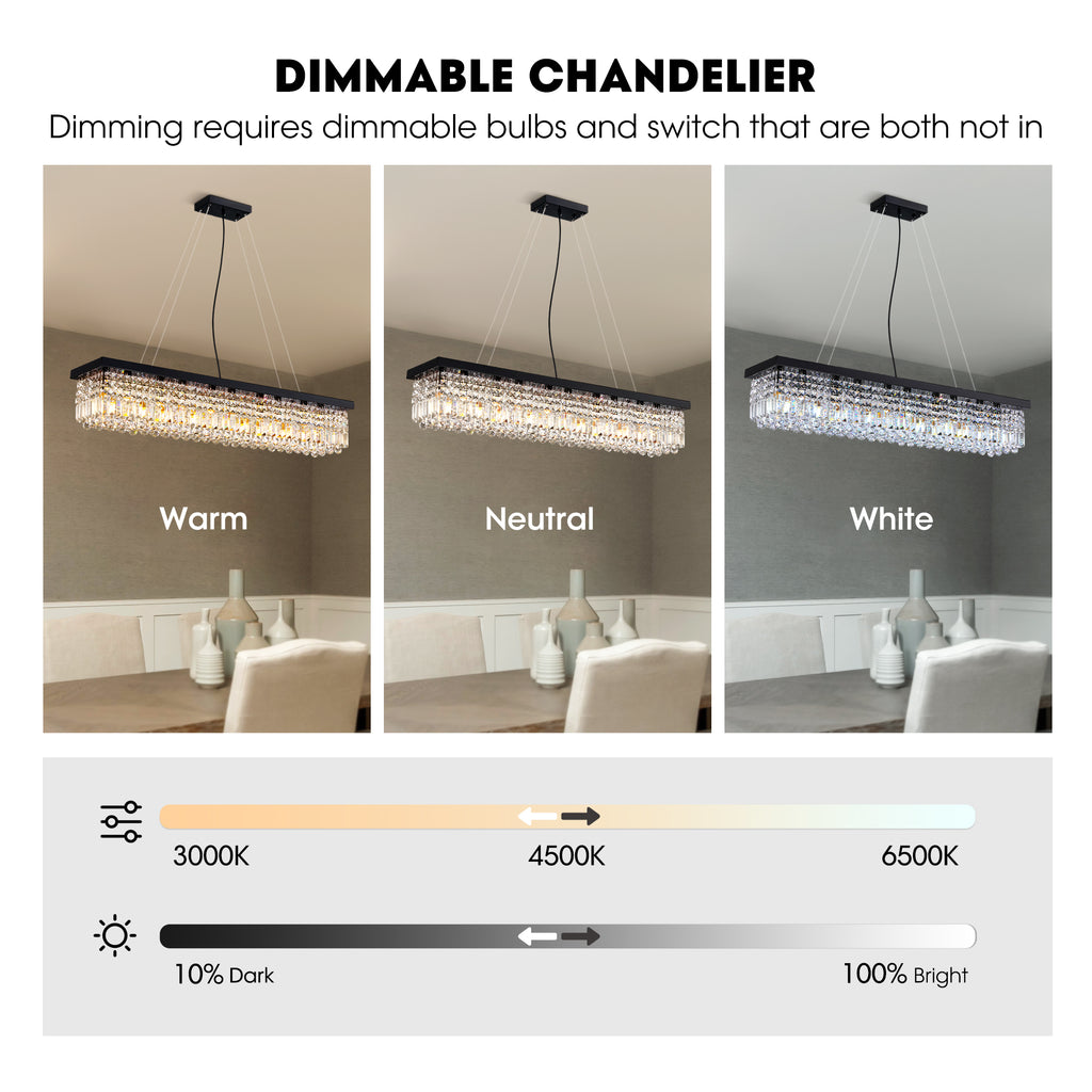 10-Light Dimmable Crystal Rectangle Chandelier for Kitchen Island and Dining Room, Modern Luxury Gold Ceiling Light