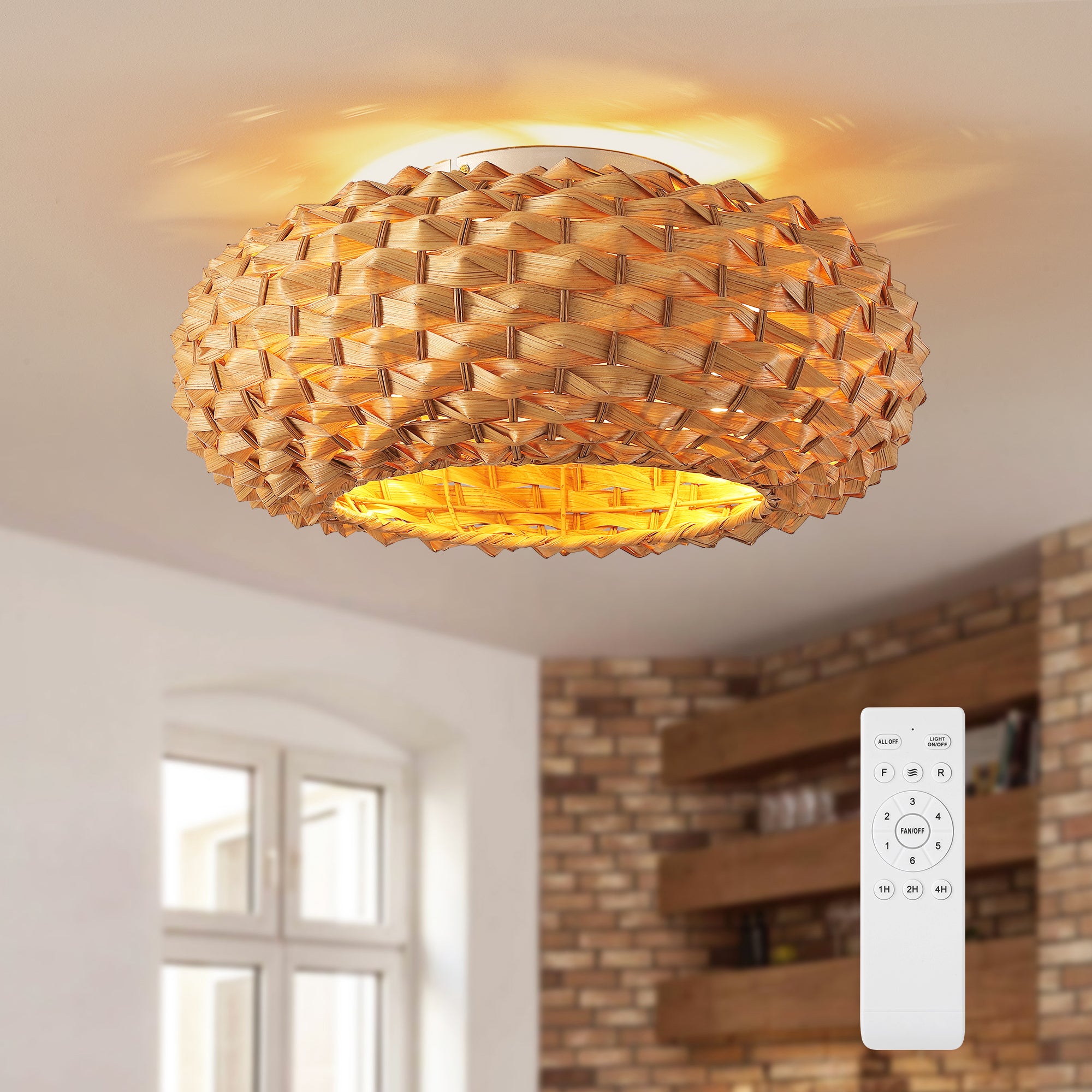 20" Boho Bamboo Ceiling Fan with Light, Woven Shade Flush Mount Fan with Remote, Quiet DC Motor for Small Rooms
