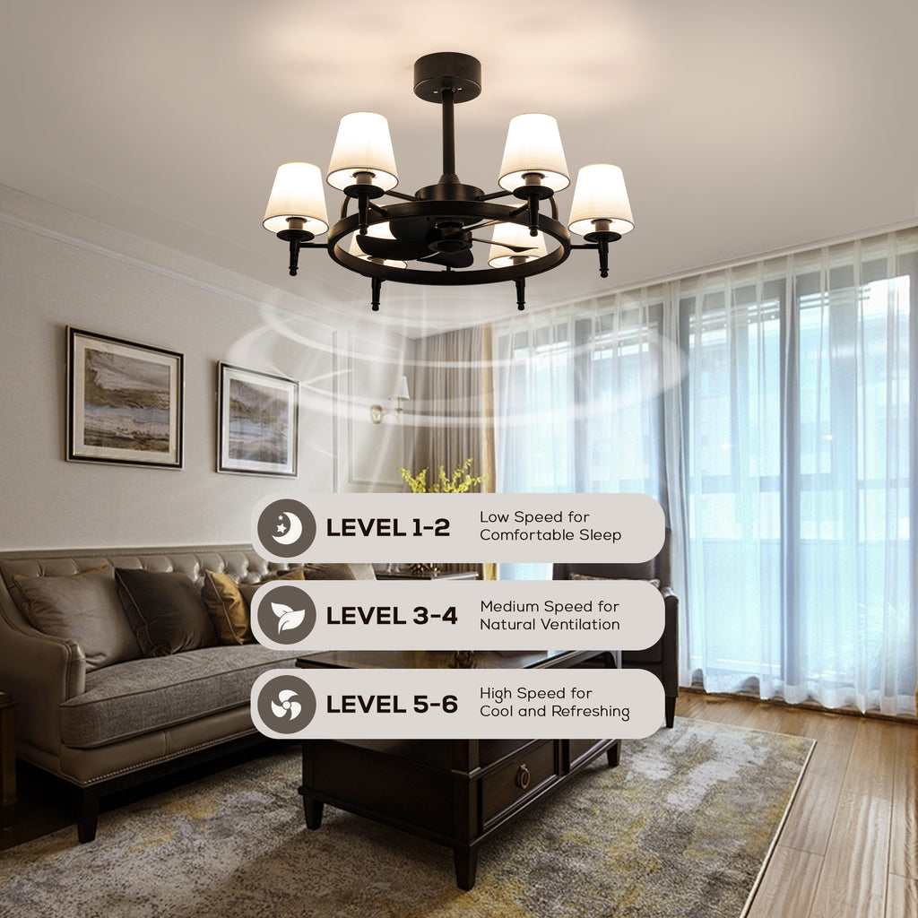 31.5" 6-light Wagon Wheel Ceiling Fan With Light Kit, Linen Shade, Dc Motor And Remote