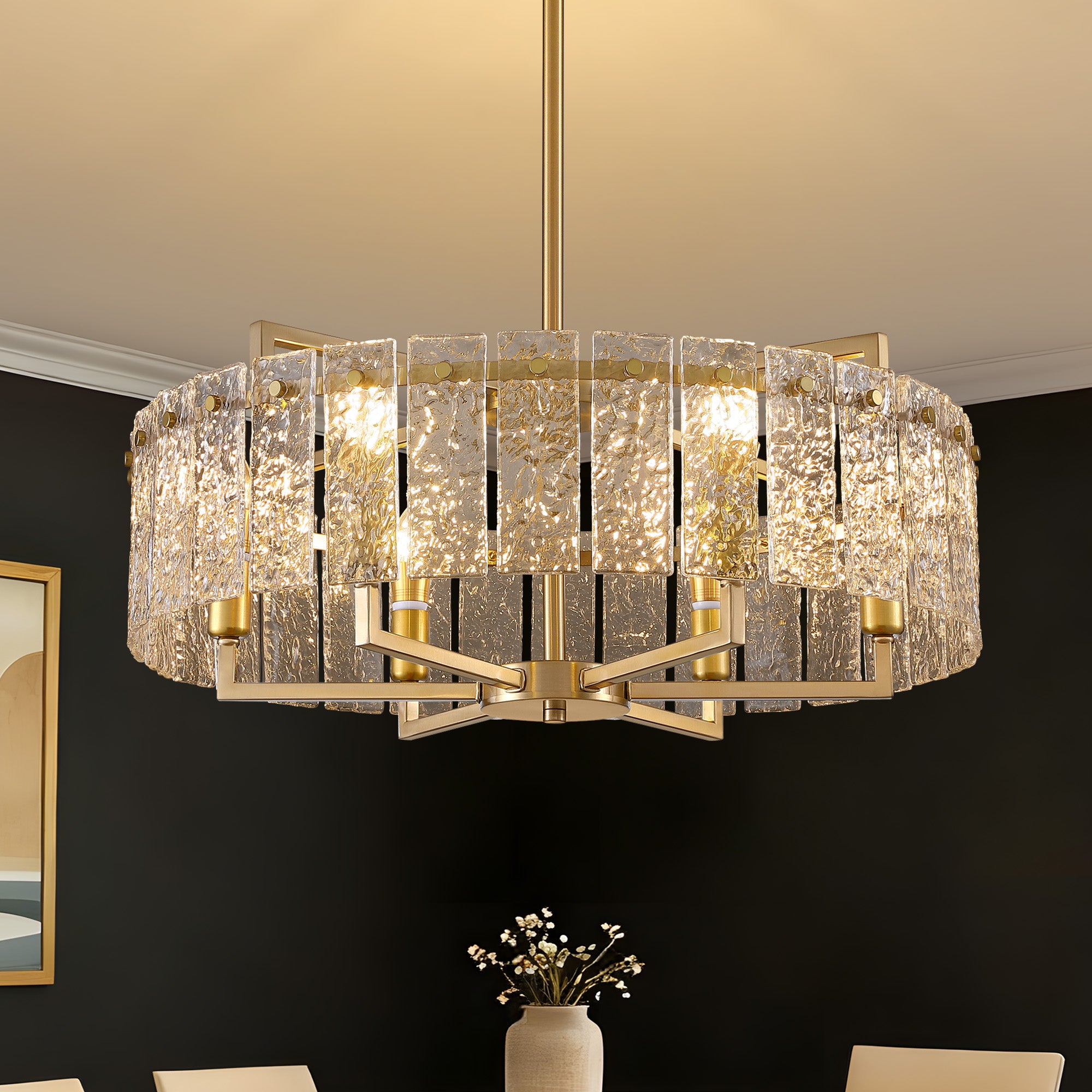 6 - Light Dimmable Gold Drum Chandelier with Textured Glass, Modern Lighting for Kitchen Island or Dining Room