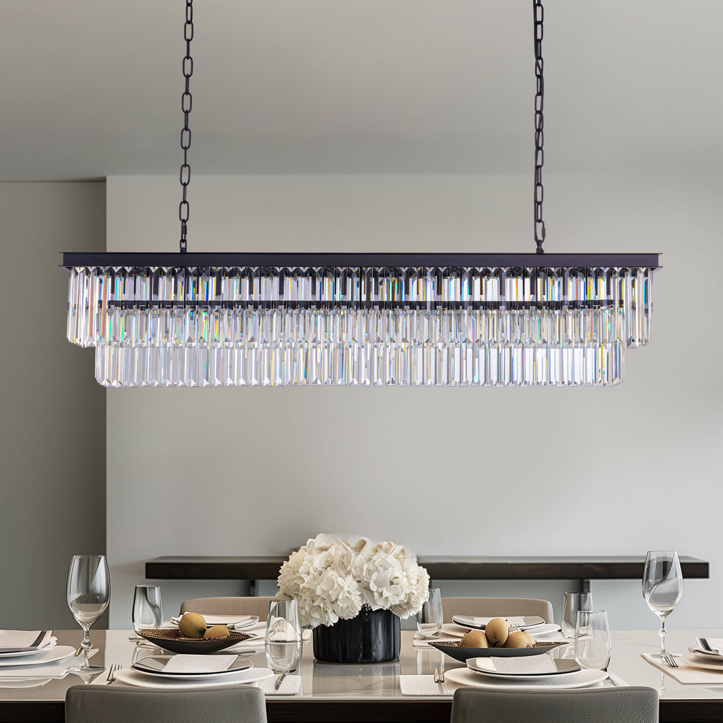 8 Light Crystal Tiered Rectangle Linear Matte Black Chandelier for Kitchen Island with No Bulbs Included