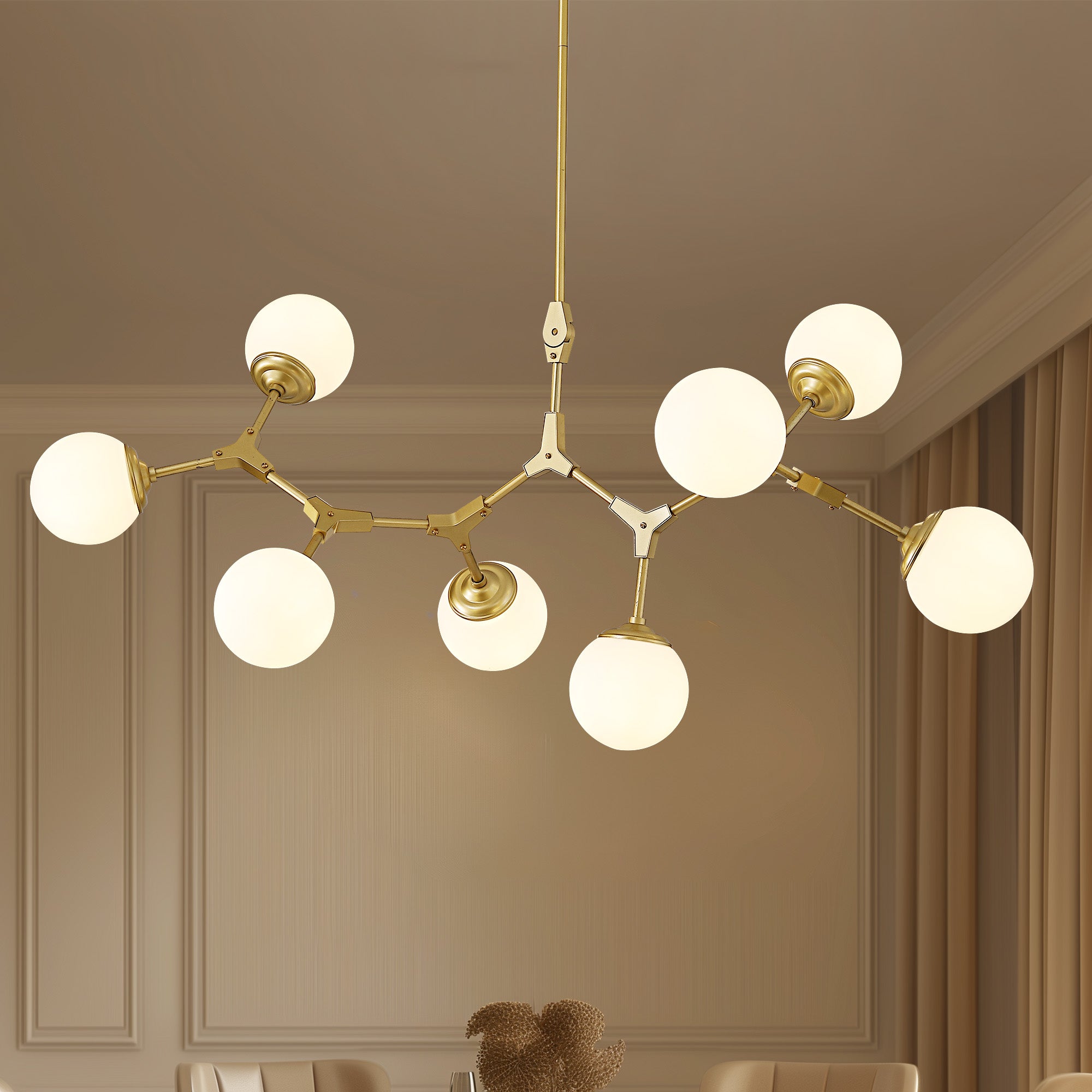 8-Light Dimmable Modern Sputnik Linear Chandelier with Glass Globe Shades