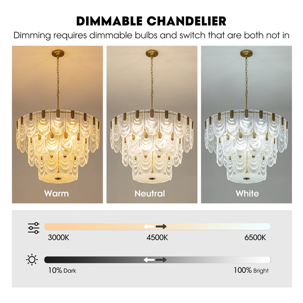 32 in. Modern 12-Light Electroplated Gold 3-Layer Glass Chandelier Chandelier for Dining Room and Living Room