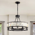 26 in. Modern 6-Light Farmhouse Crystal Drum Matte Black Wagon Wheel Chandelier Ceiling Semi Flush Mount