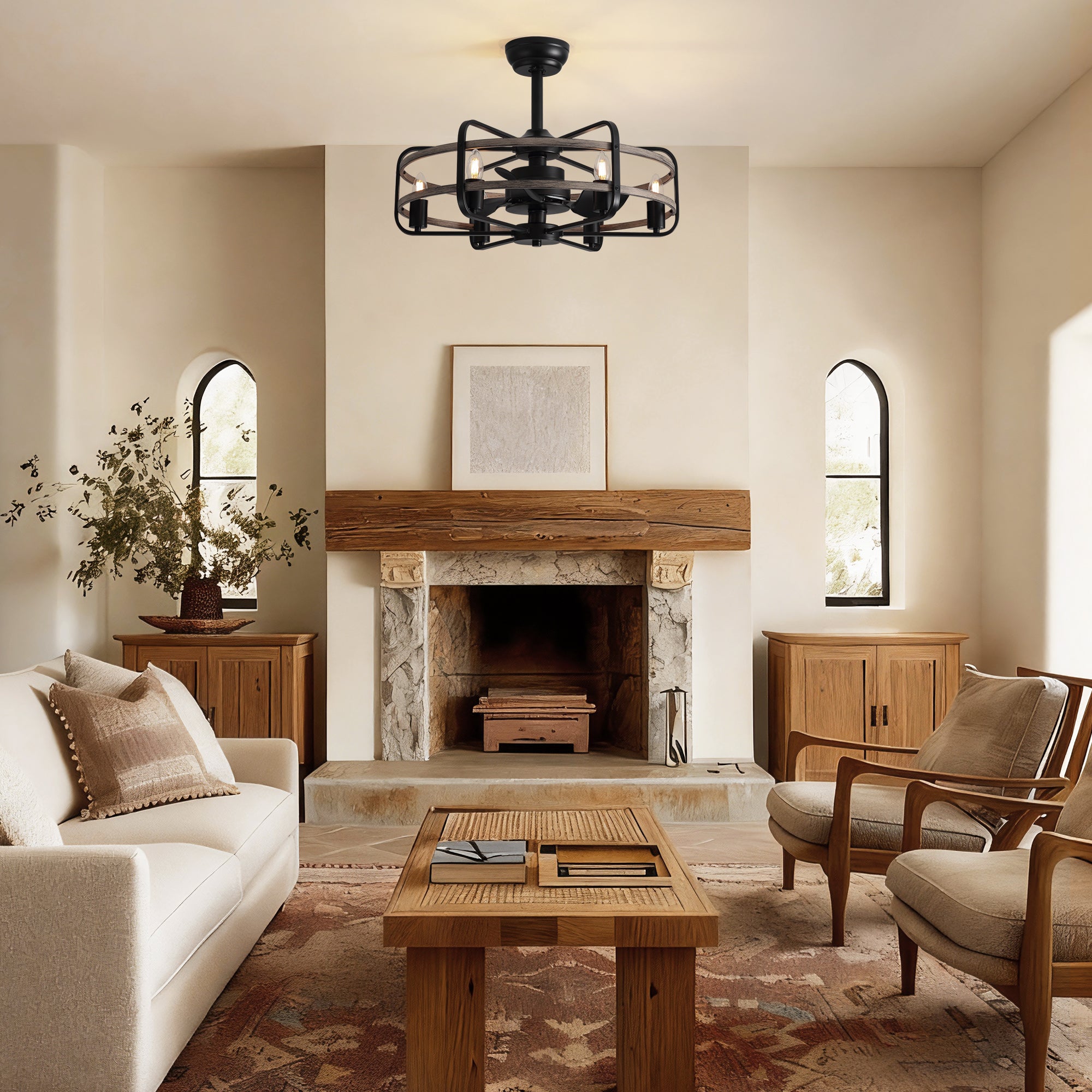 24 in. Indoor Black Farmhouse Ceiling Fan with Light and Remote,Rustic Caged Chandelier Ceiling Fan