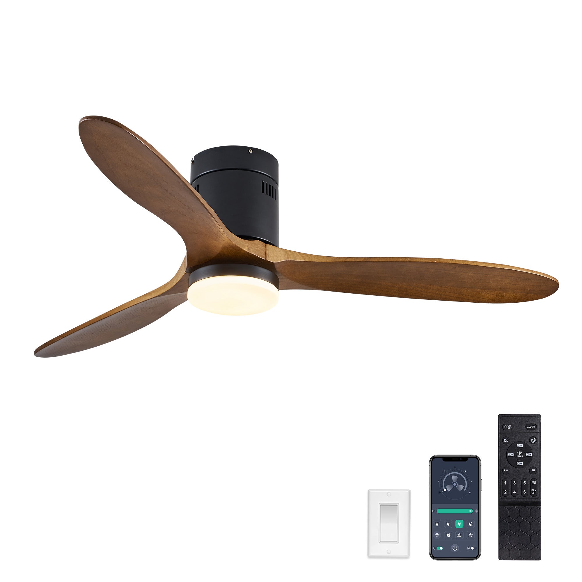 52" 3 -Blade Flush Mount Ceiling Fan with Light Kit, Remote Control and Quiet DC Motor for Bedroom