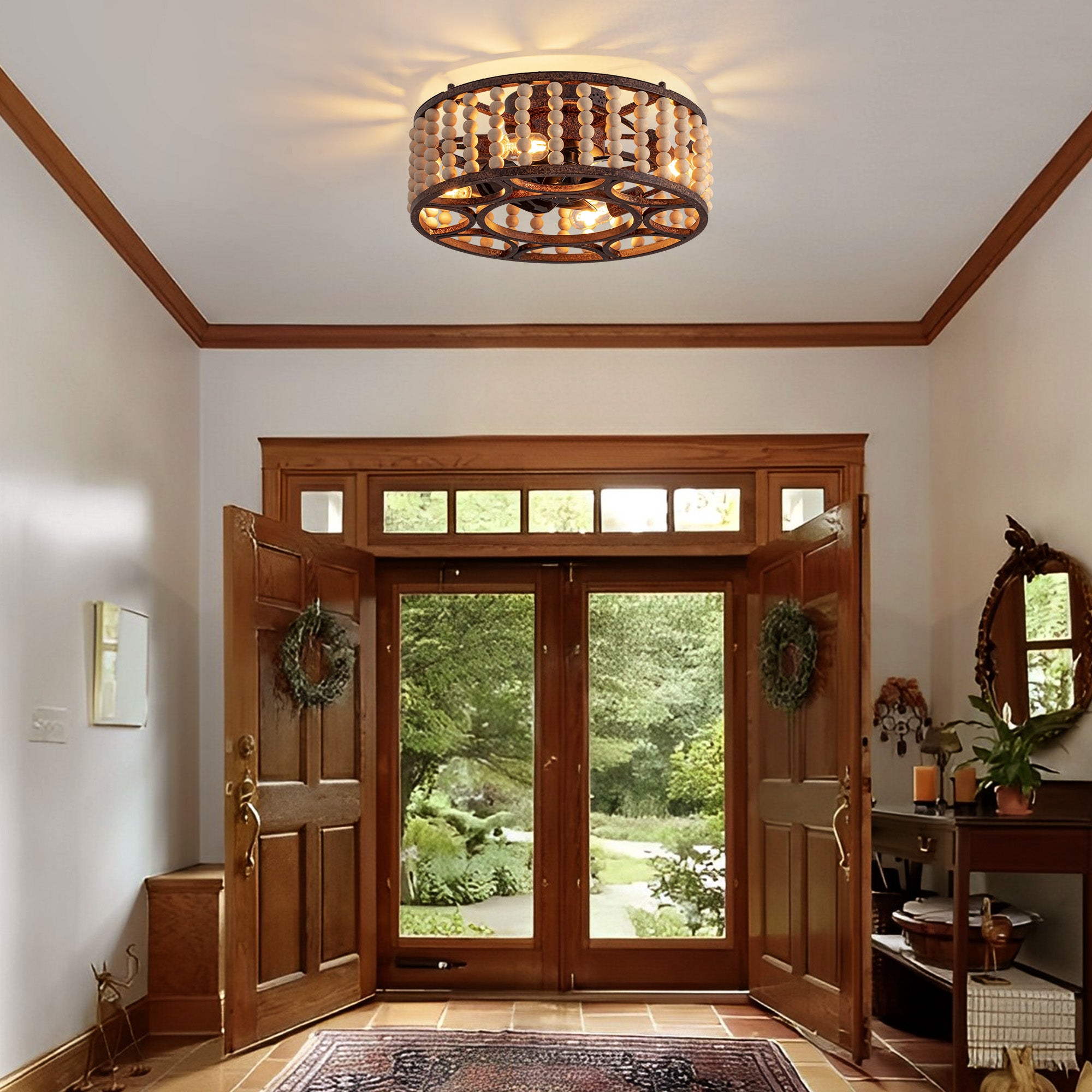 20 in. Indoor Walnut Beaded Caged Ceiling Fan with Light and Remote, Flush Mount Fan for Living Room,Dining Room,Kitchen
