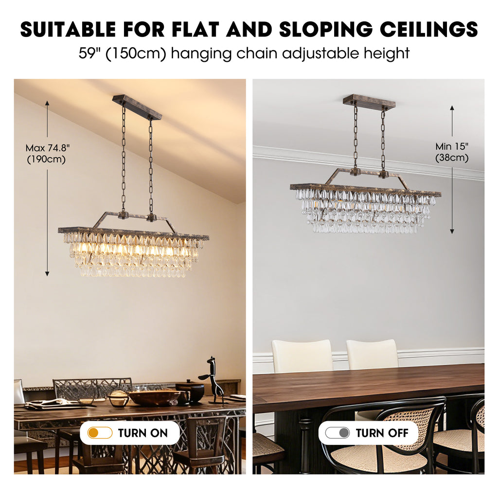 7-Light Dimmable Rustic Vintage Rectangle Tiered Crystal Chandelier with Antique Bronze Finish