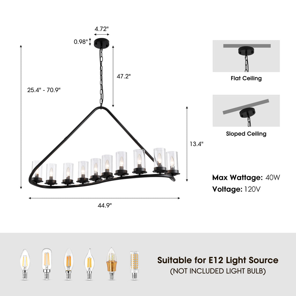 10-light Dimmable Modern Linear Chandelier Kitchen Island Pendant with Clear Glass Shades