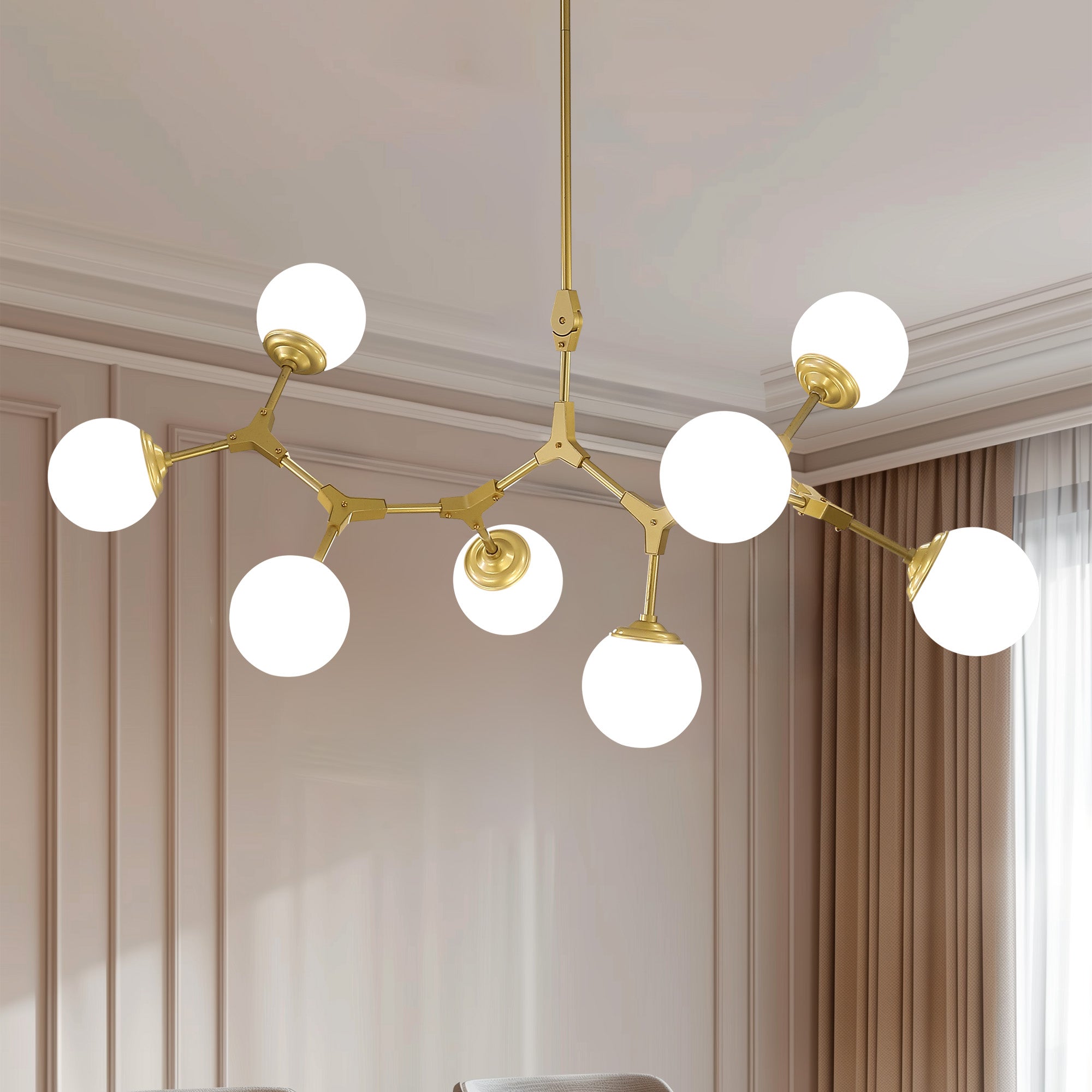 8-Light Dimmable Modern Sputnik Linear Chandelier with Glass Globe Shades