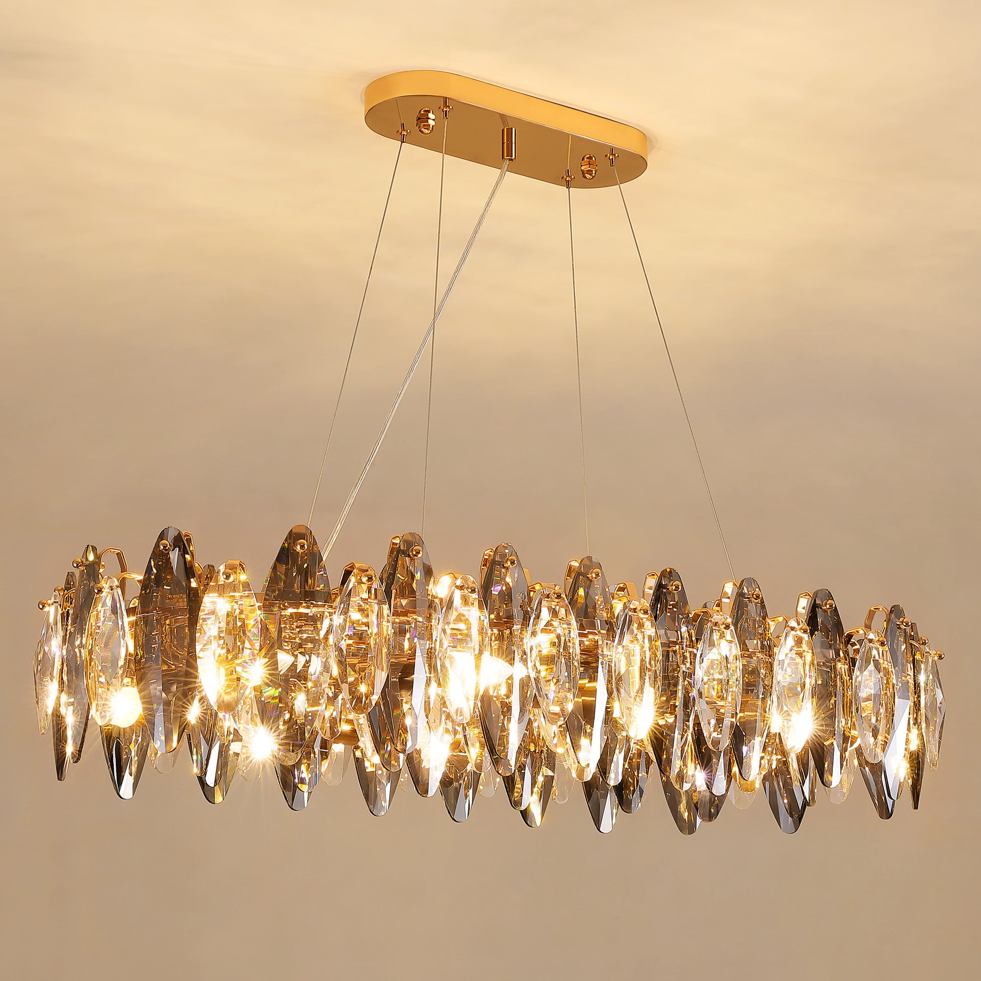 10-light Gold Rectangle Crystal Chandelier For Dining Room
