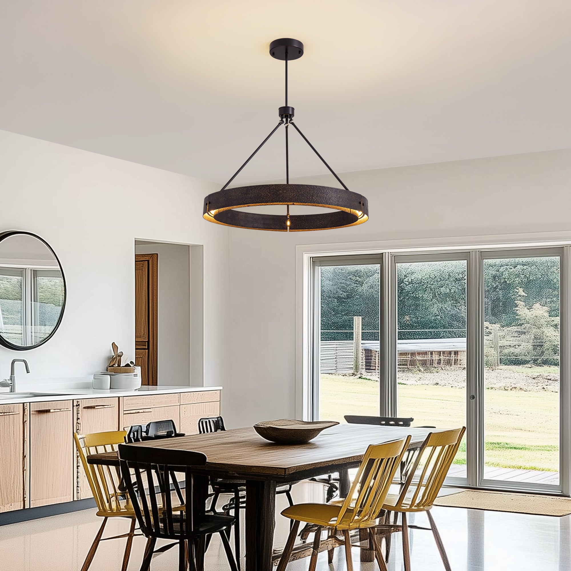 31.5" Rustic Round Chandelier With Integrated Led, Vintage Industrial Farmhouse Ceiling Light
