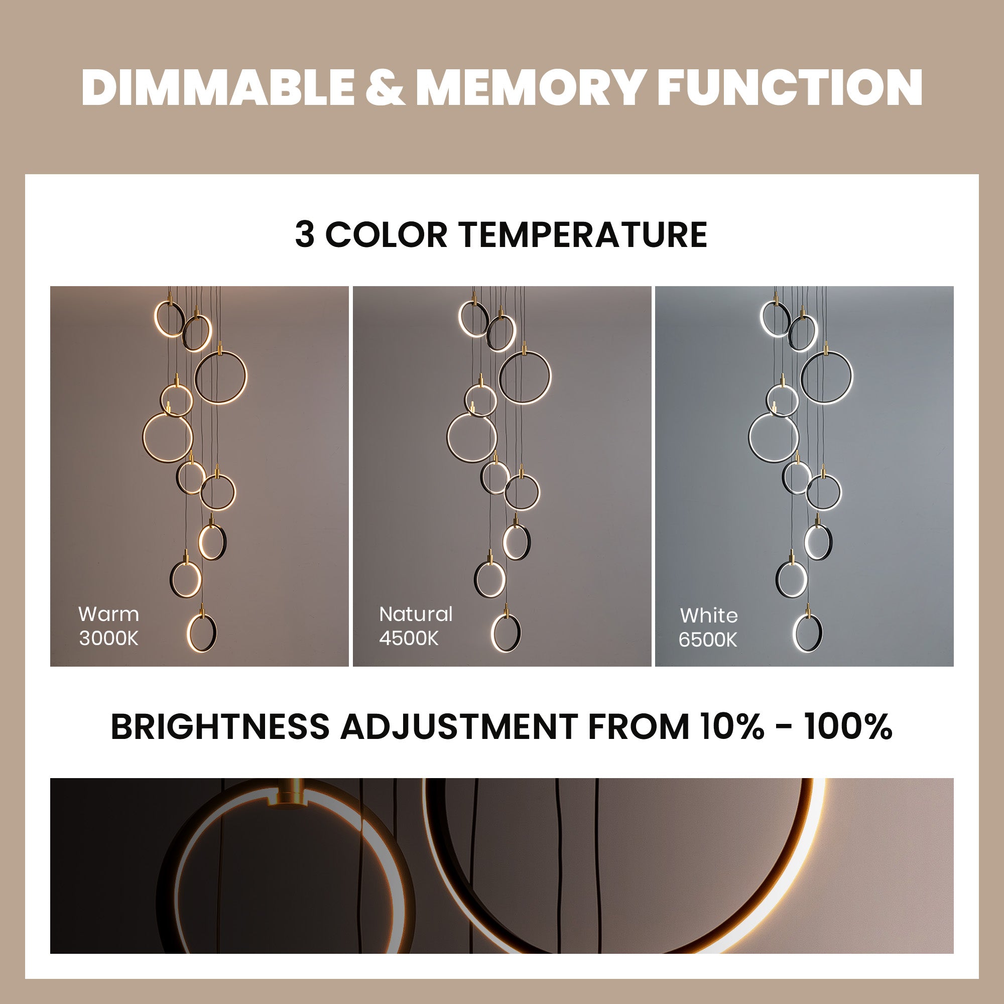 10-Ring LED Dimmable Geometric Chandelier, Black and Gold Foyer Light for High Ceilings with Remote & App Control