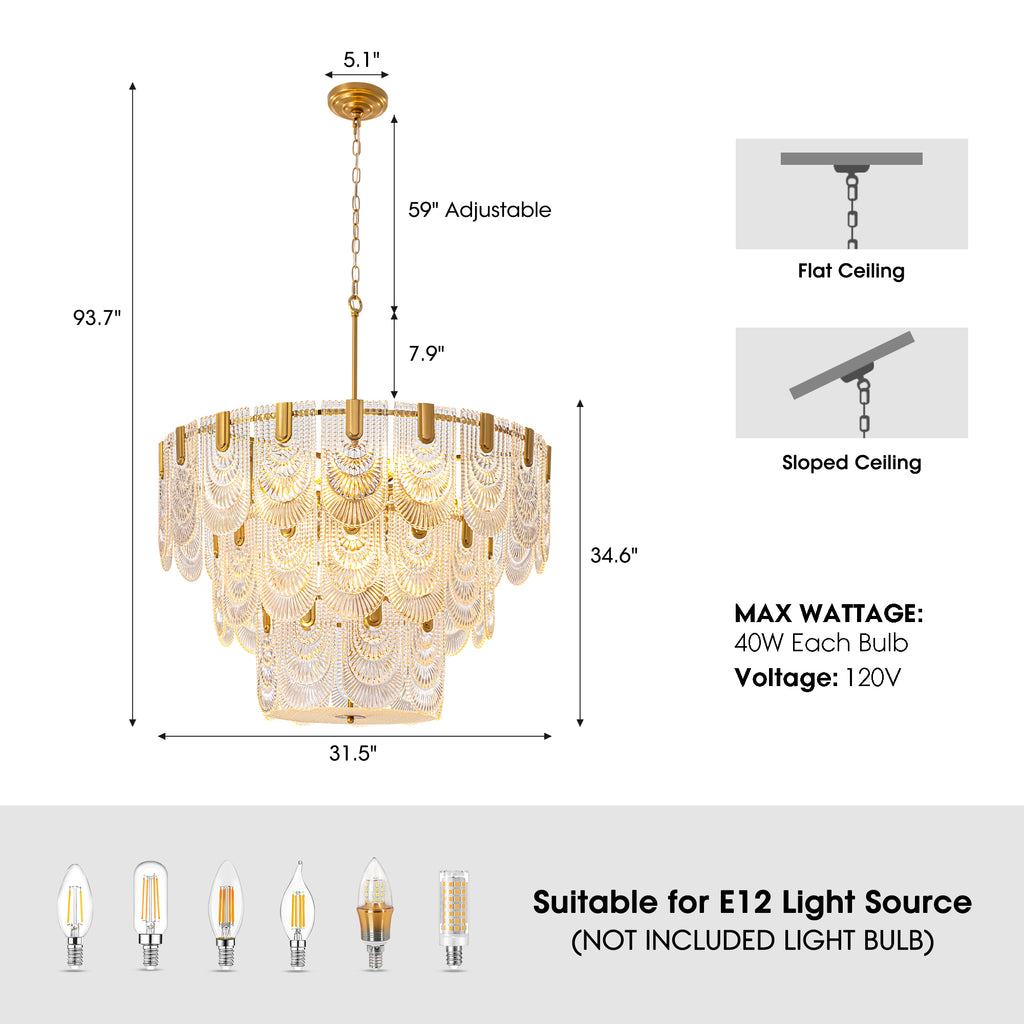 32 in. Modern 12-Light Electroplated Gold 3-Layer Glass Chandelier Chandelier for Dining Room and Living Room