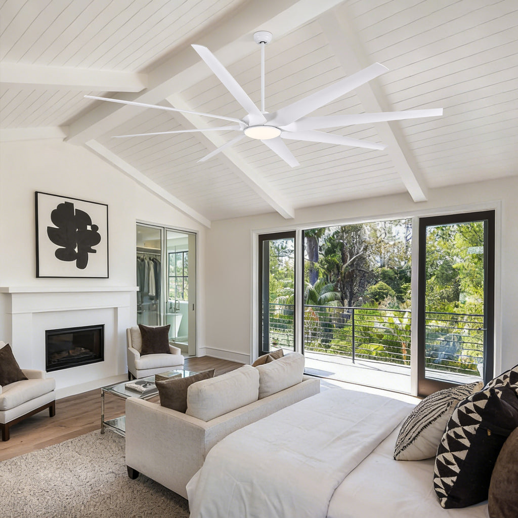 100 in. Smart Indoor White Industrial Large Downrod 8-Blade Ceiling Fans with Lights and Remote Dimmable