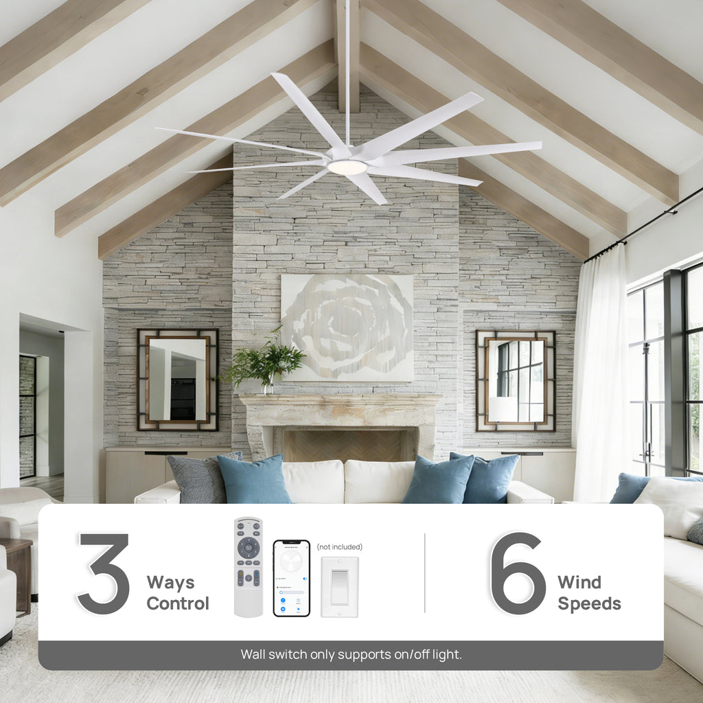 100 in. Smart Indoor White Industrial Large Downrod 8-Blade Ceiling Fans with Lights and Remote Dimmable