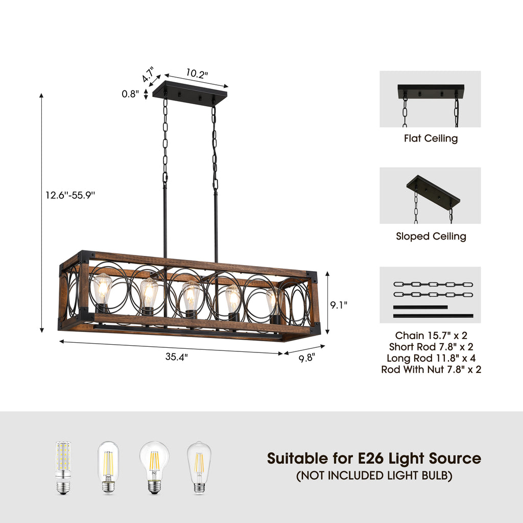 5 - Light Dimmable Modern Farmhouse Rectangle Solid Wood Chandelier