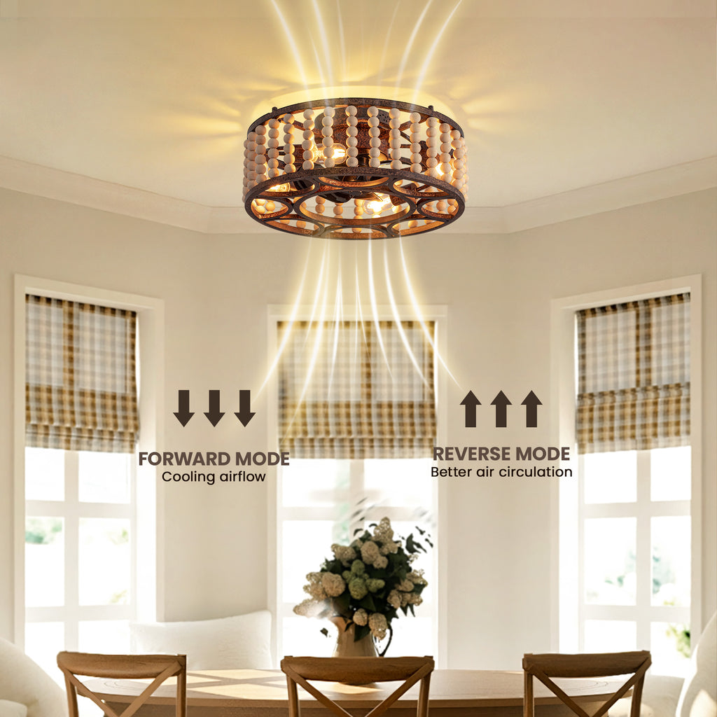 20 in. Indoor Walnut Beaded Caged Ceiling Fan with Light and Remote, Flush Mount Fan for Living Room,Dining Room,Kitchen