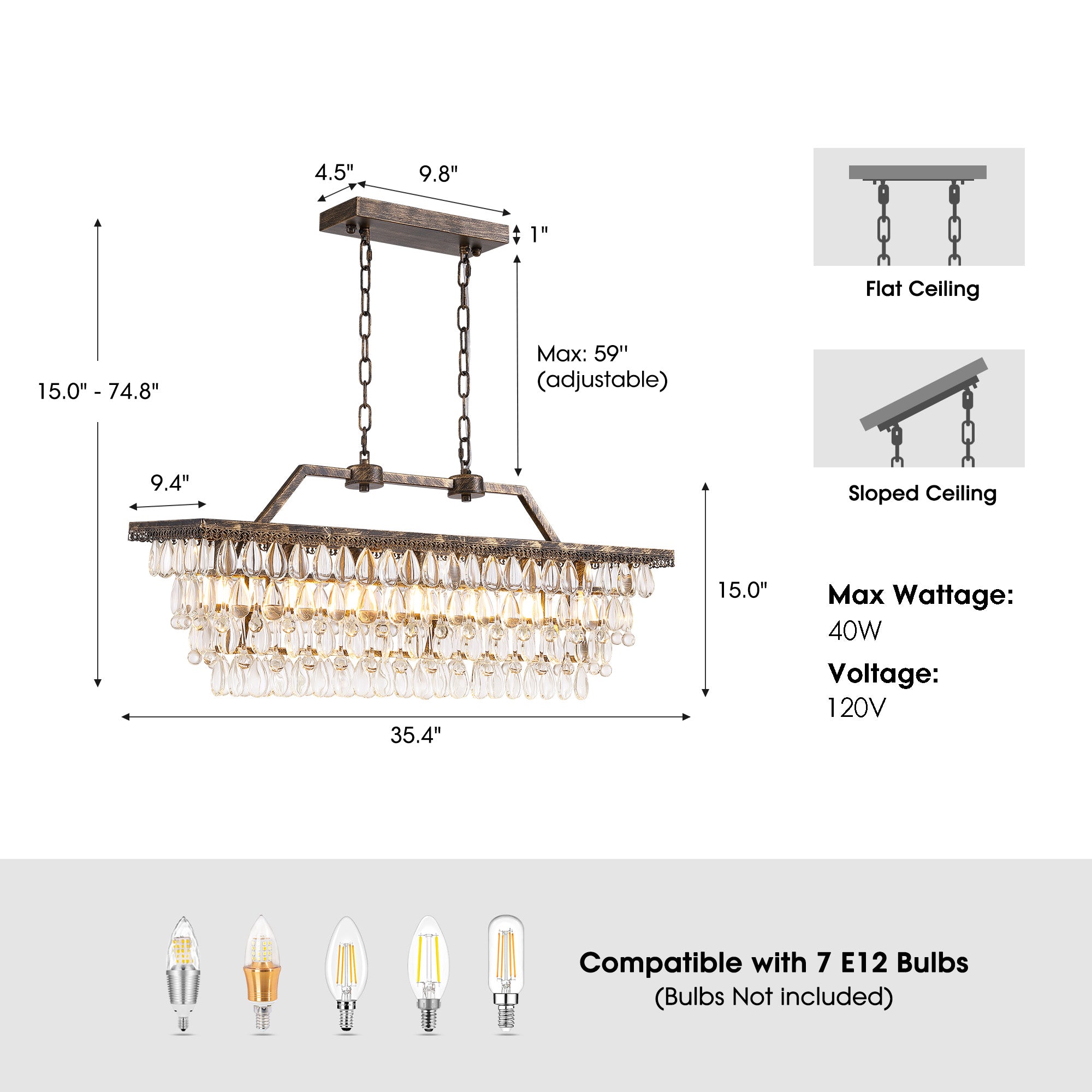 7-Light Dimmable Rustic Vintage Rectangle Tiered Crystal Chandelier with Antique Bronze Finish
