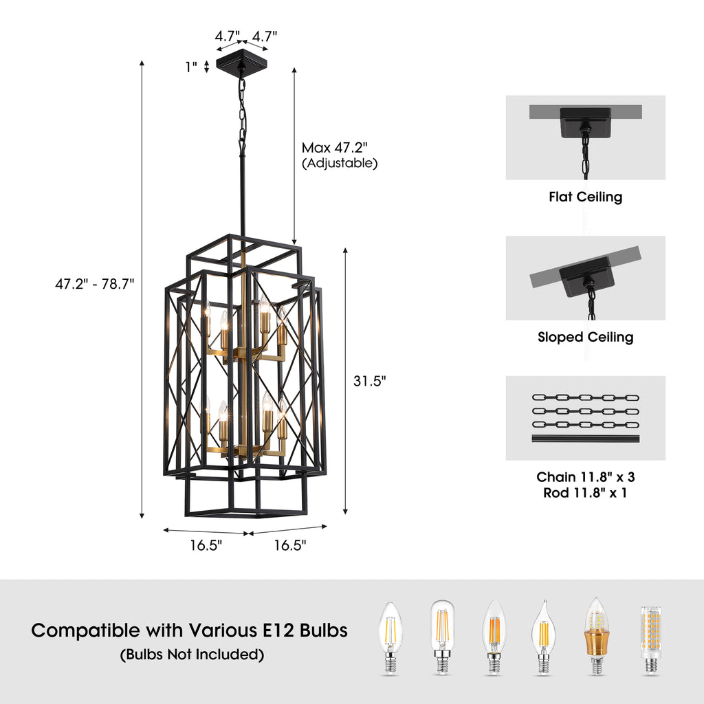 8 - Light Dimmable Lantern Square / Rectangle Chandelier For Dining Room Living Room
