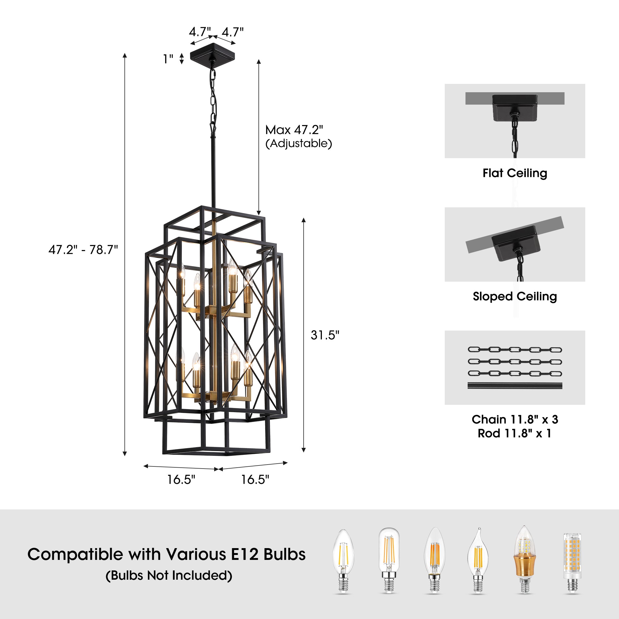 8 - Light Dimmable Lantern Square / Rectangle Chandelier For Dining Room Living Room
