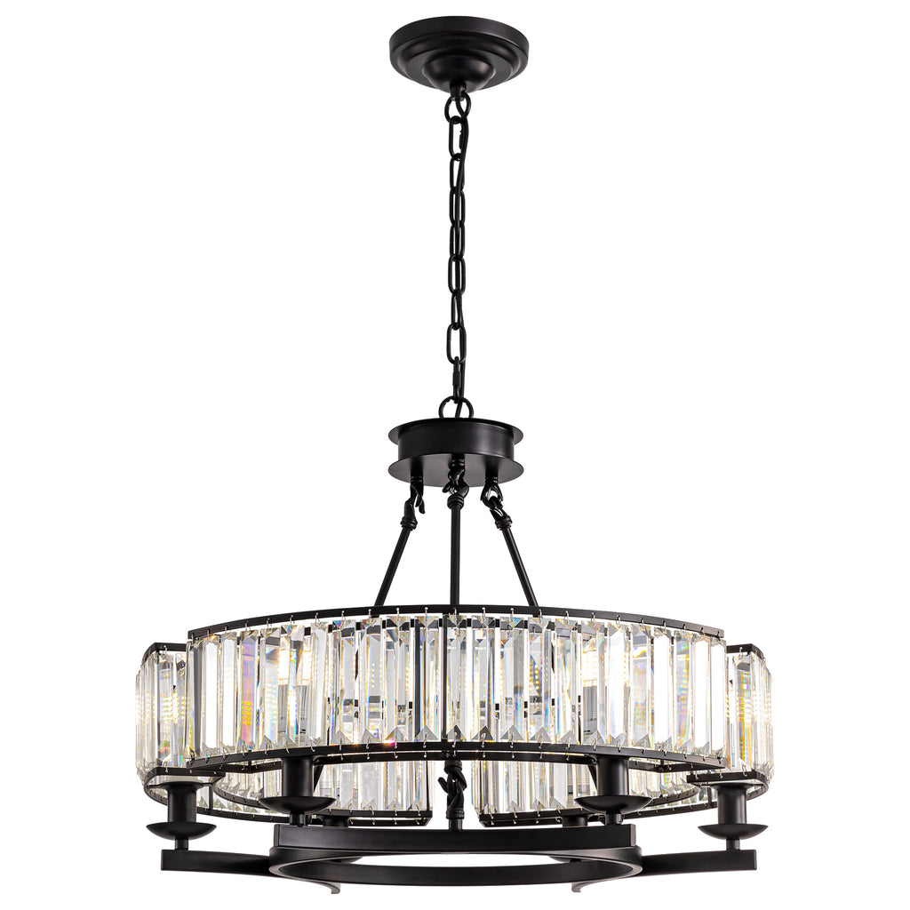 26 in. Modern 6-Light Farmhouse Crystal Drum Matte Black Wagon Wheel Chandelier Ceiling Semi Flush Mount