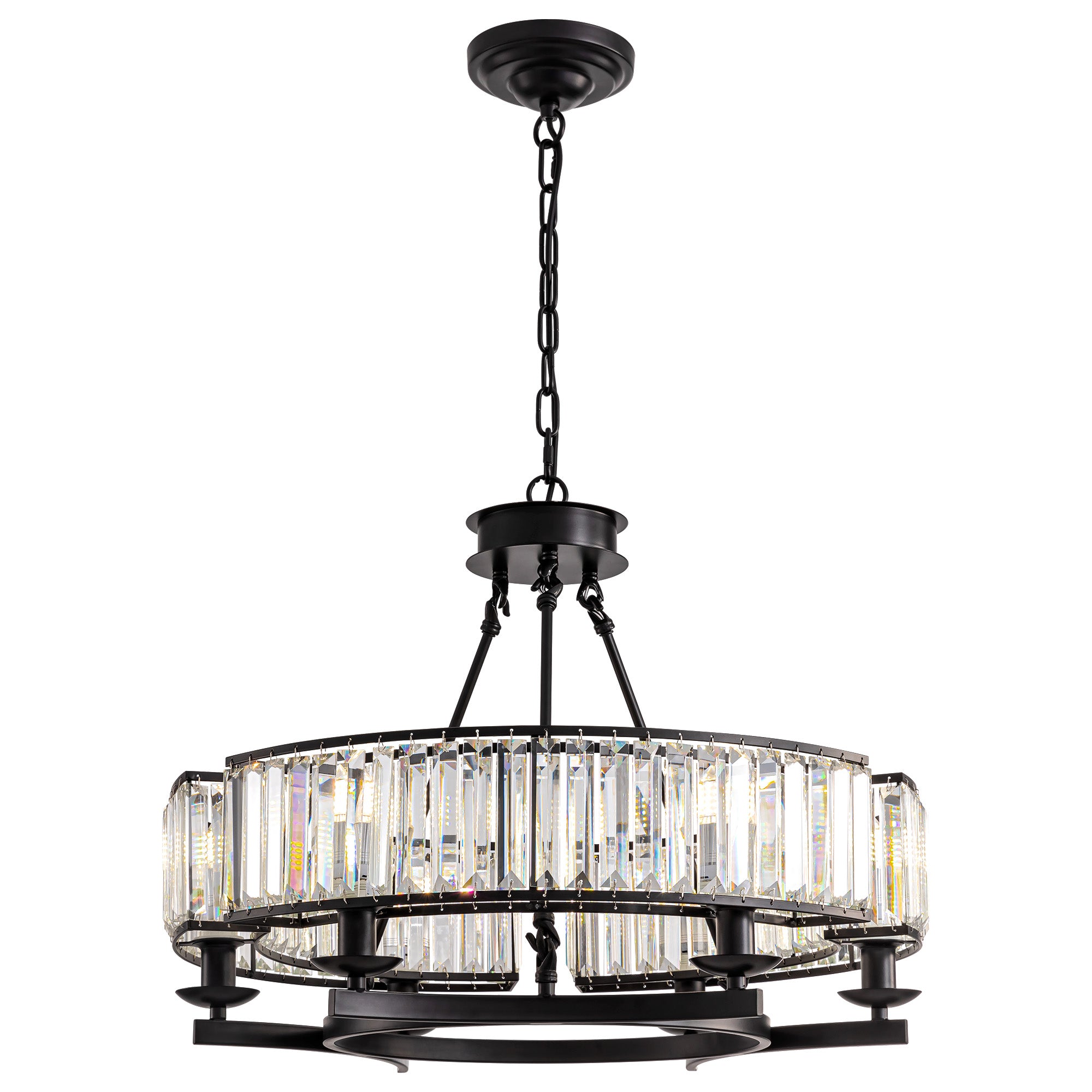 26 in. Modern 6-Light Farmhouse Crystal Drum Matte Black Wagon Wheel Chandelier Ceiling Semi Flush Mount