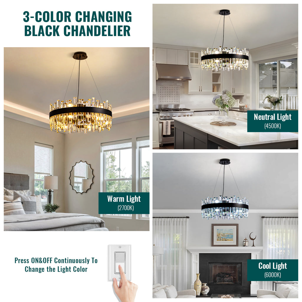 24 in. Modern 12-Light Black Crystal Chandelier Circle Round 2-Tiers Chandelier for Dining Living Room Bedroom