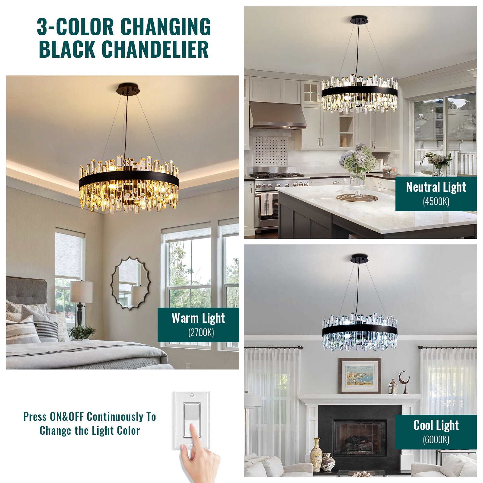 24 in. Modern 12-Light Black Crystal Chandelier Circle Round 2-Tiers Chandelier for Dining Living Room Bedroom