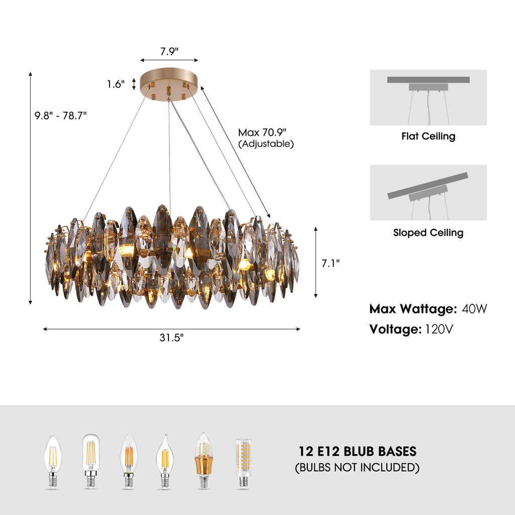 12-Light Dimmable Drum Crystal Chandelier