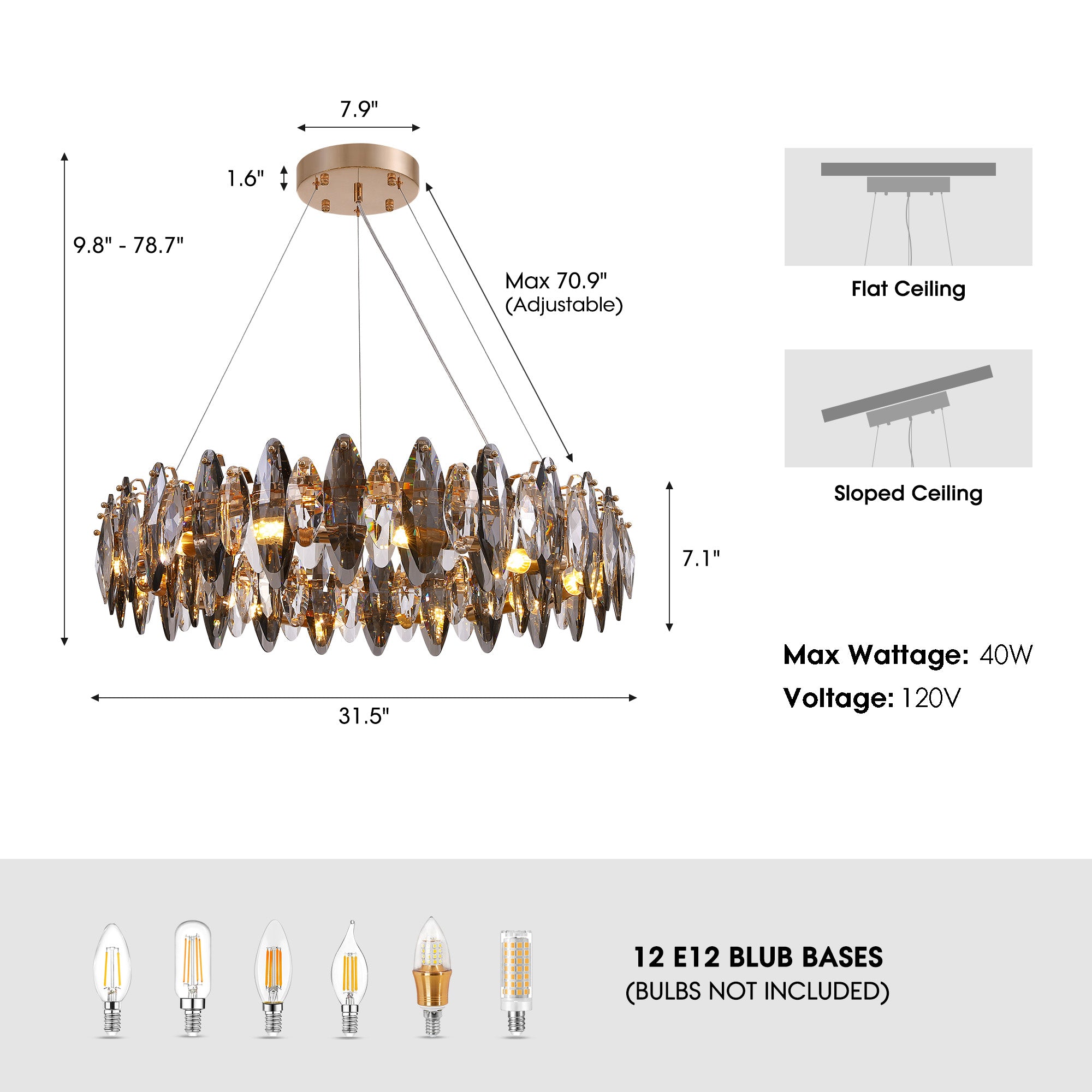 12-Light Dimmable Drum Crystal Chandelier