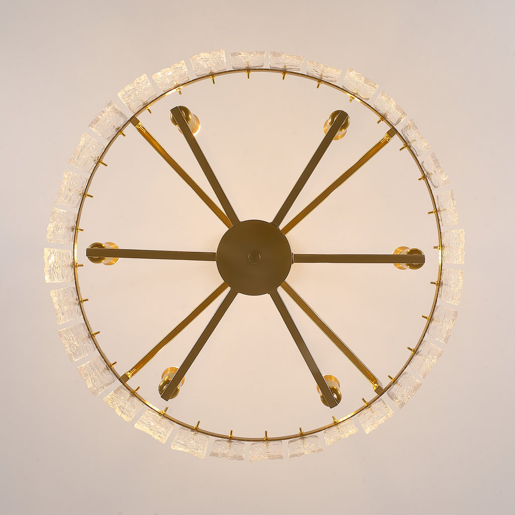 6 - Light Dimmable Gold Drum Chandelier with Textured Glass, Modern Lighting for Kitchen Island or Dining Room