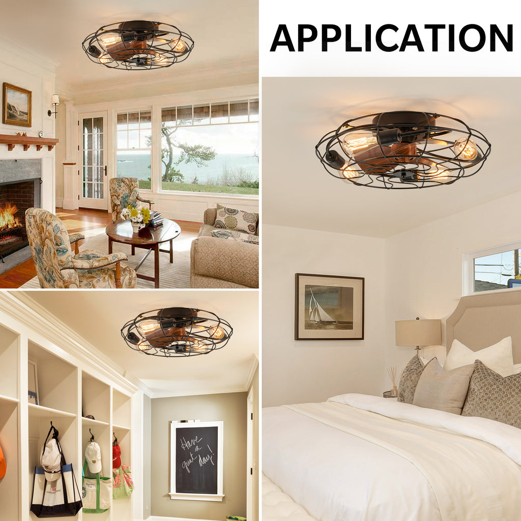 20.4 in. Farmhouse Indoor Matte Black Low Profile Caged Ceiling Fan with Remote Control Included