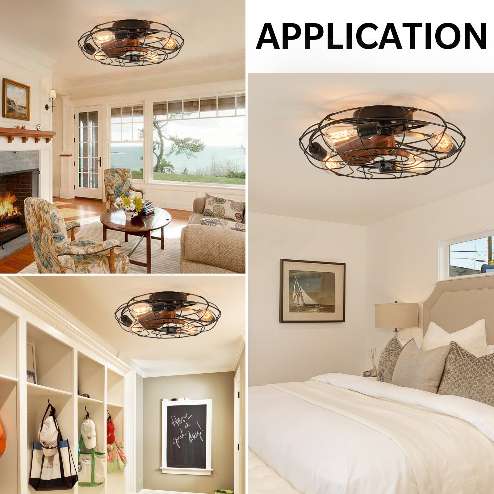 20.4 in. Farmhouse Indoor Matte Black Low Profile Caged Ceiling Fan with Remote Control Included