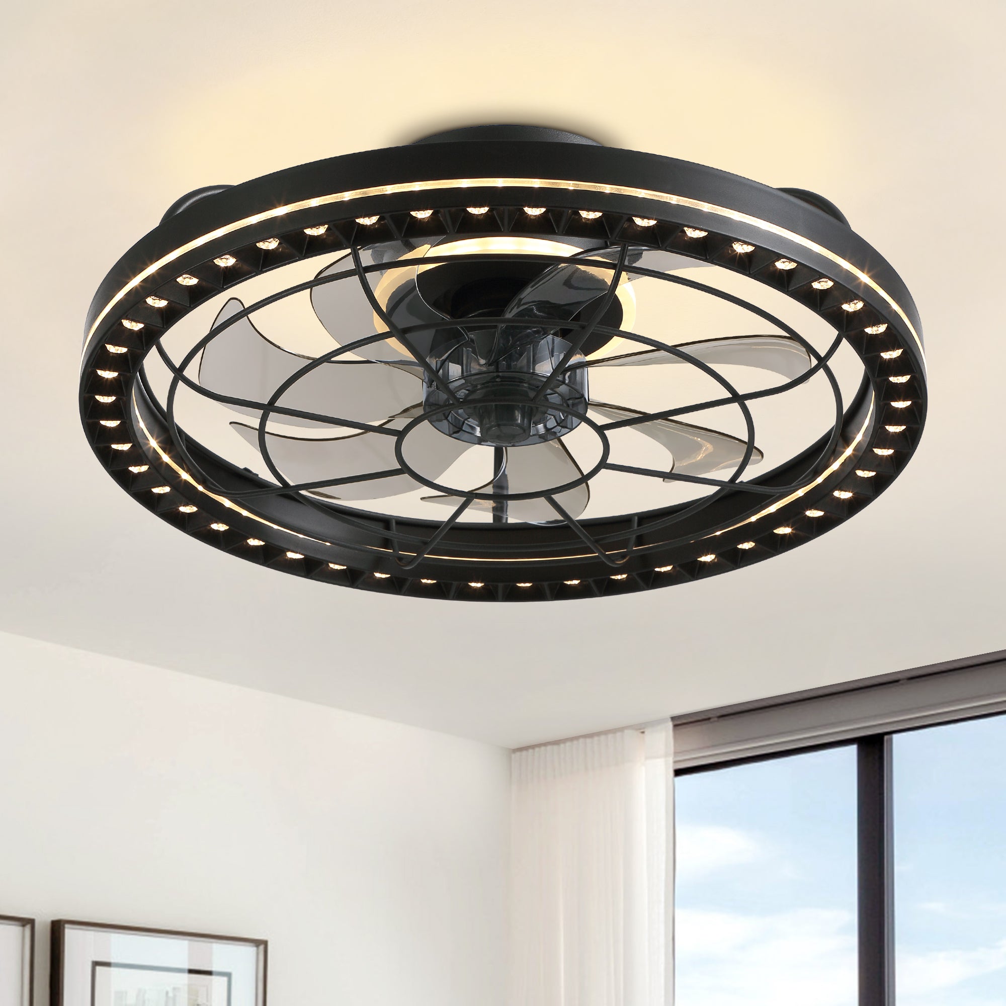 19 in. Indoor Black Low Profile Caged Ceiling Fan with Lights with Remote Included