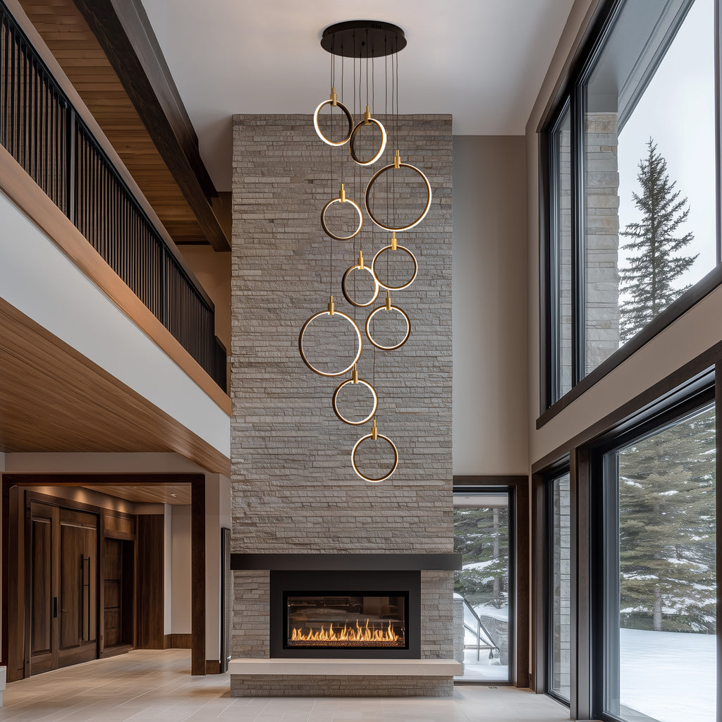 10-Ring LED Dimmable Geometric Chandelier, Black and Gold Foyer Light for High Ceilings with Remote & App Control