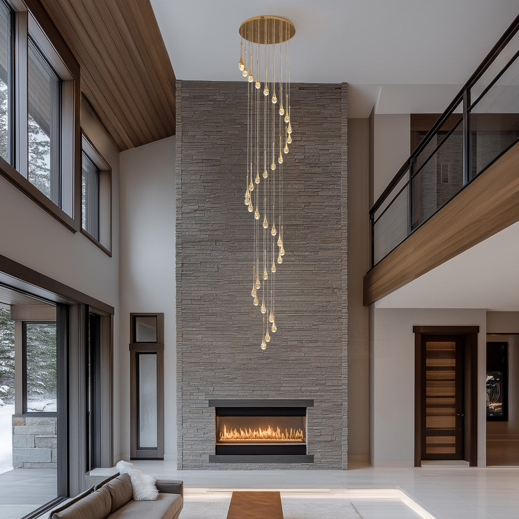 36-light Cylinder Foyer Chandelier With Raindrop Crystals and LED Light