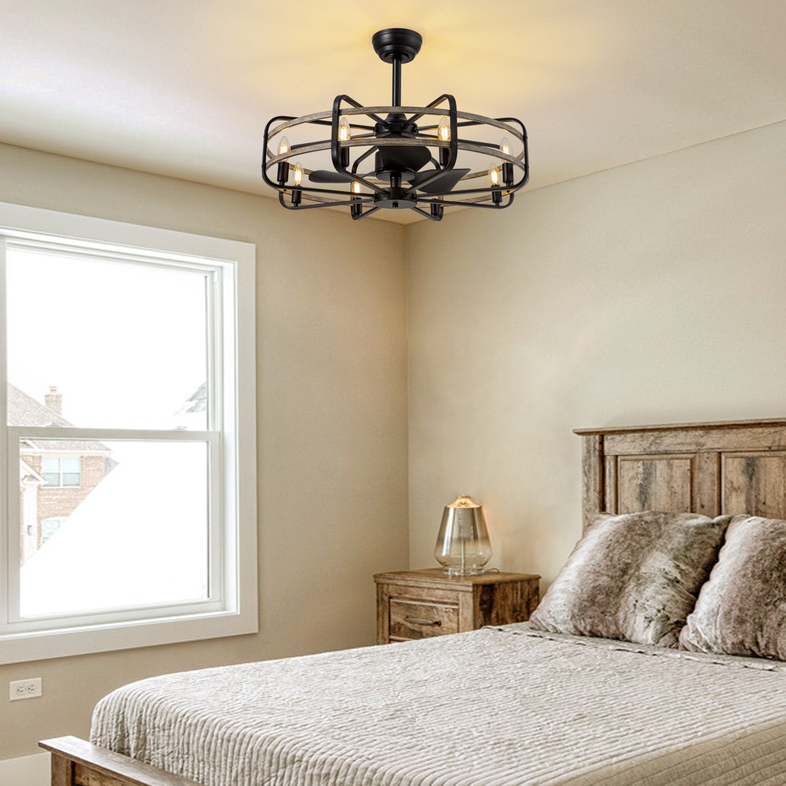 30 in. Indoor Farmhouse Black Downrod Mount Caged Ceiling Fan with Lights and Remote Wood Grain Industrial