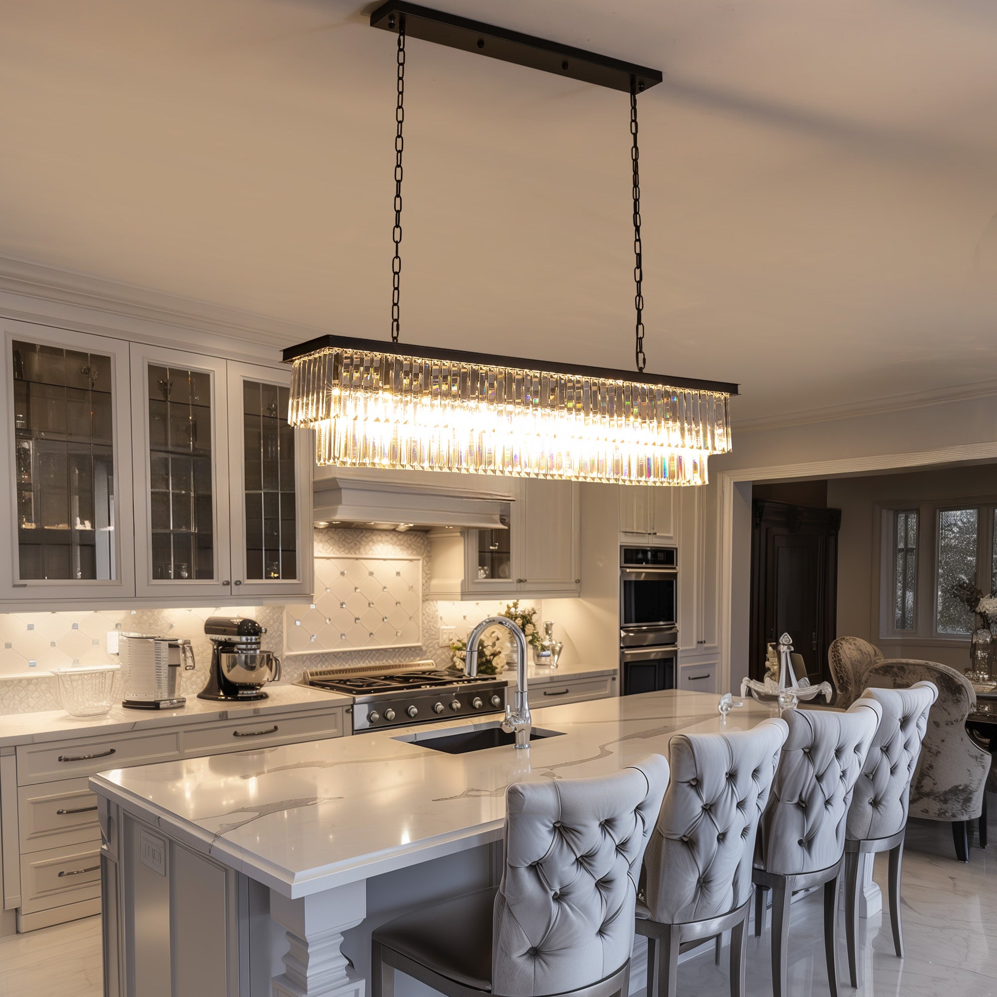 8 Light Crystal Tiered Rectangle Linear Matte Black Chandelier for Kitchen Island with No Bulbs Included