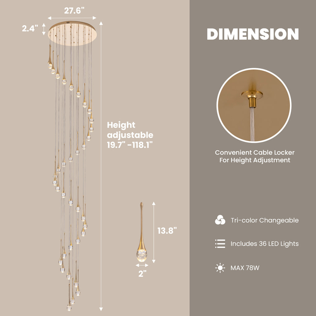 36-light Cylinder Foyer Chandelier With Raindrop Crystals and LED Light