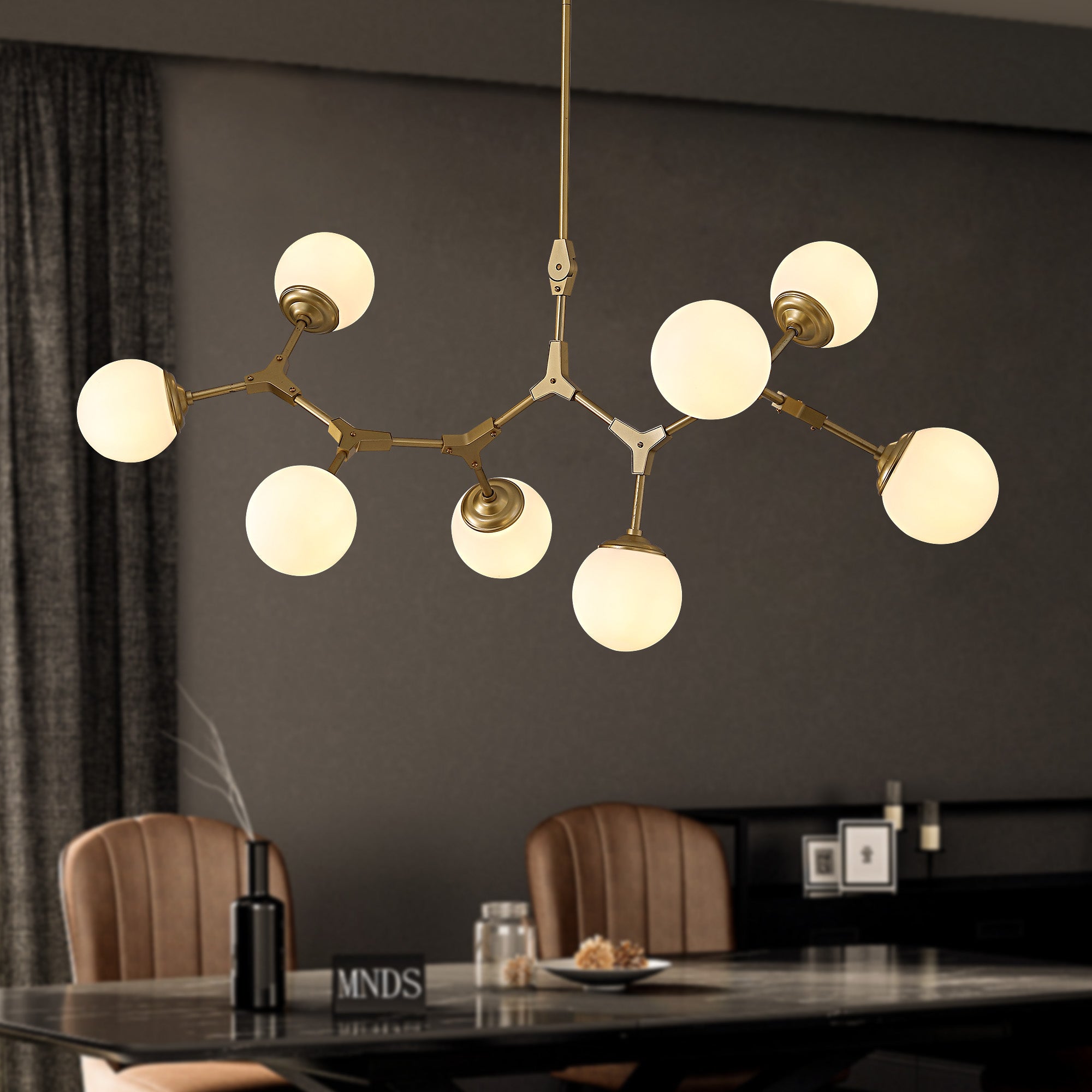 8-Light Dimmable Modern Sputnik Linear Chandelier with Glass Globe Shades