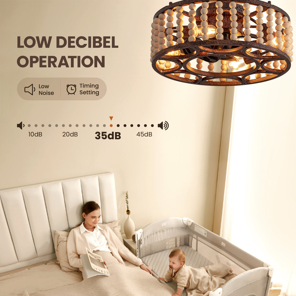 20 in. Indoor Walnut Beaded Caged Ceiling Fan with Light and Remote, Flush Mount Fan for Living Room,Dining Room,Kitchen