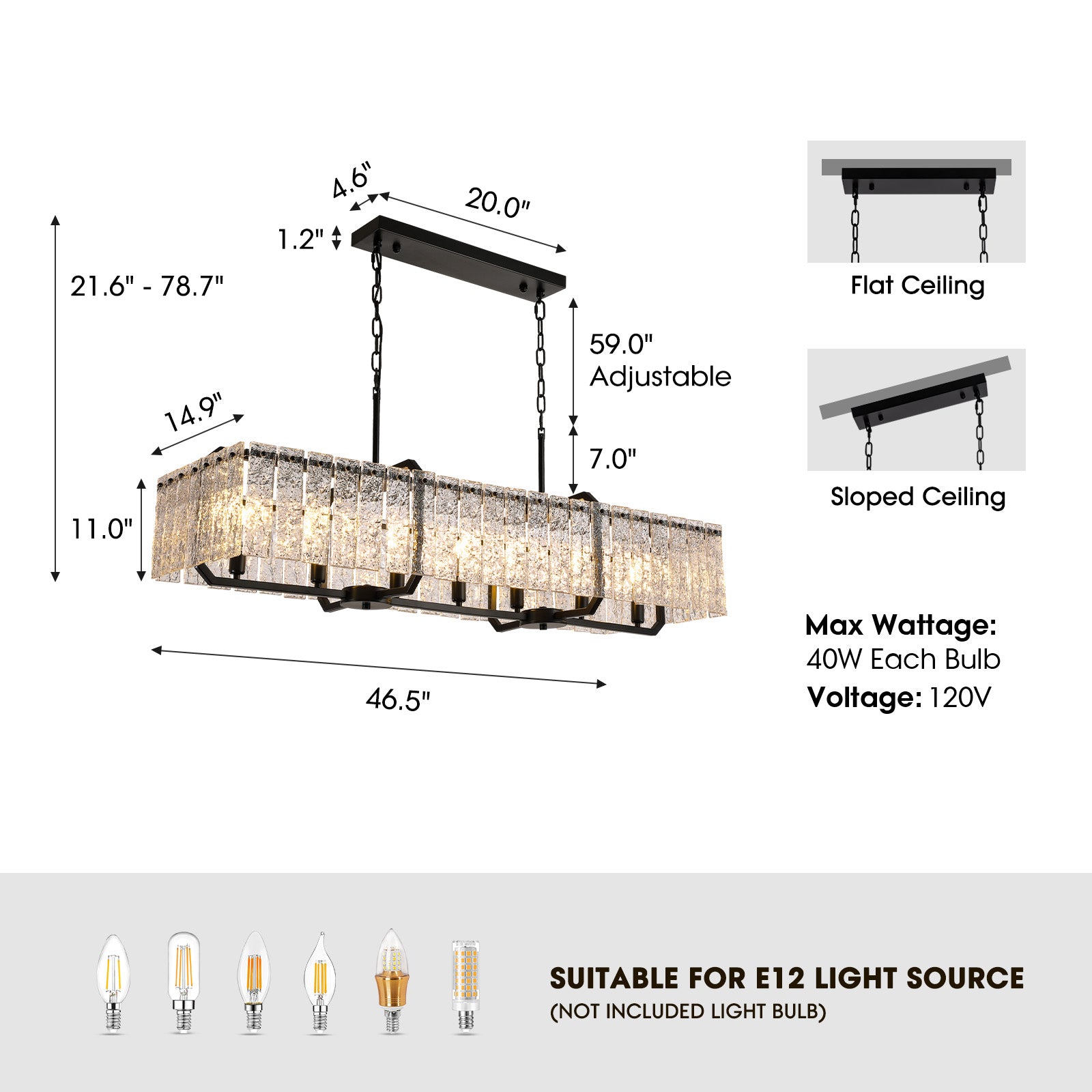 46.5 in. Modern Dimmable 7-Light Rectangle Black Crystal Chandelier for Dinning Room
