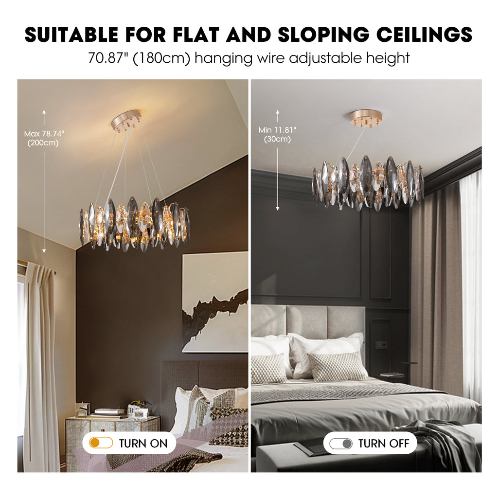 12-Light Dimmable Drum Crystal Chandelier, Modern Luxury Lighting for Kitchen Island Dining Room