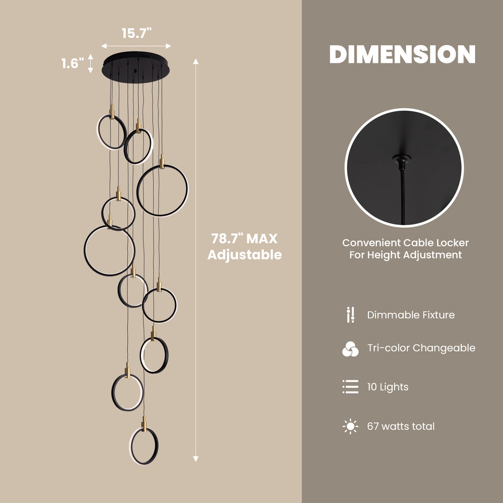 10-Ring LED Dimmable Geometric Chandelier, Black and Gold Foyer Light for High Ceilings with Remote & App Control