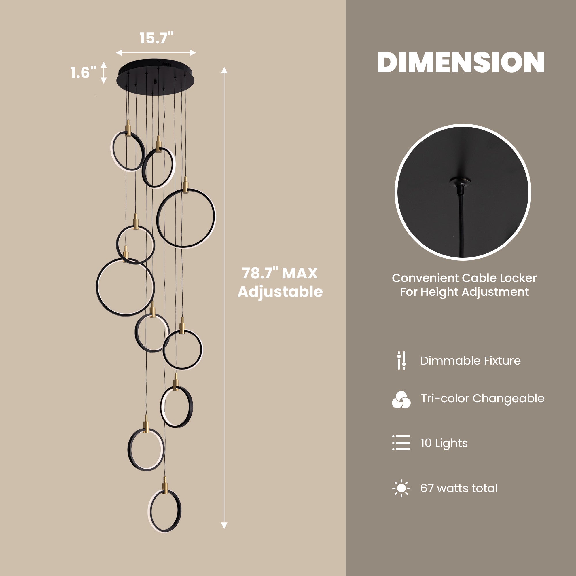 10-Ring LED Dimmable Geometric Chandelier, Black and Gold Foyer Light for High Ceilings with Remote & App Control