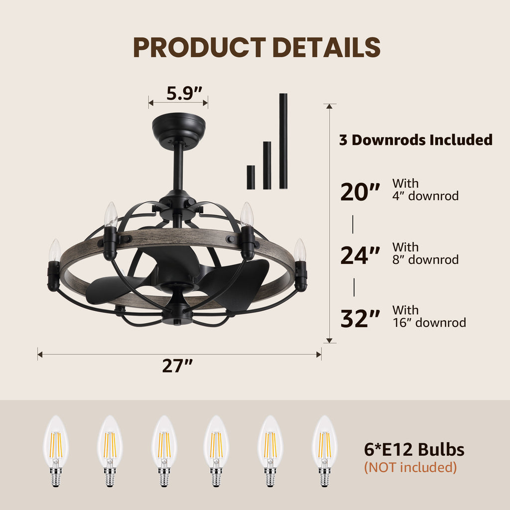 27 in. Indoor Bronwn and Black Farmhouse Ceiling Fan with Light and Remote for Bedroom Dining Room