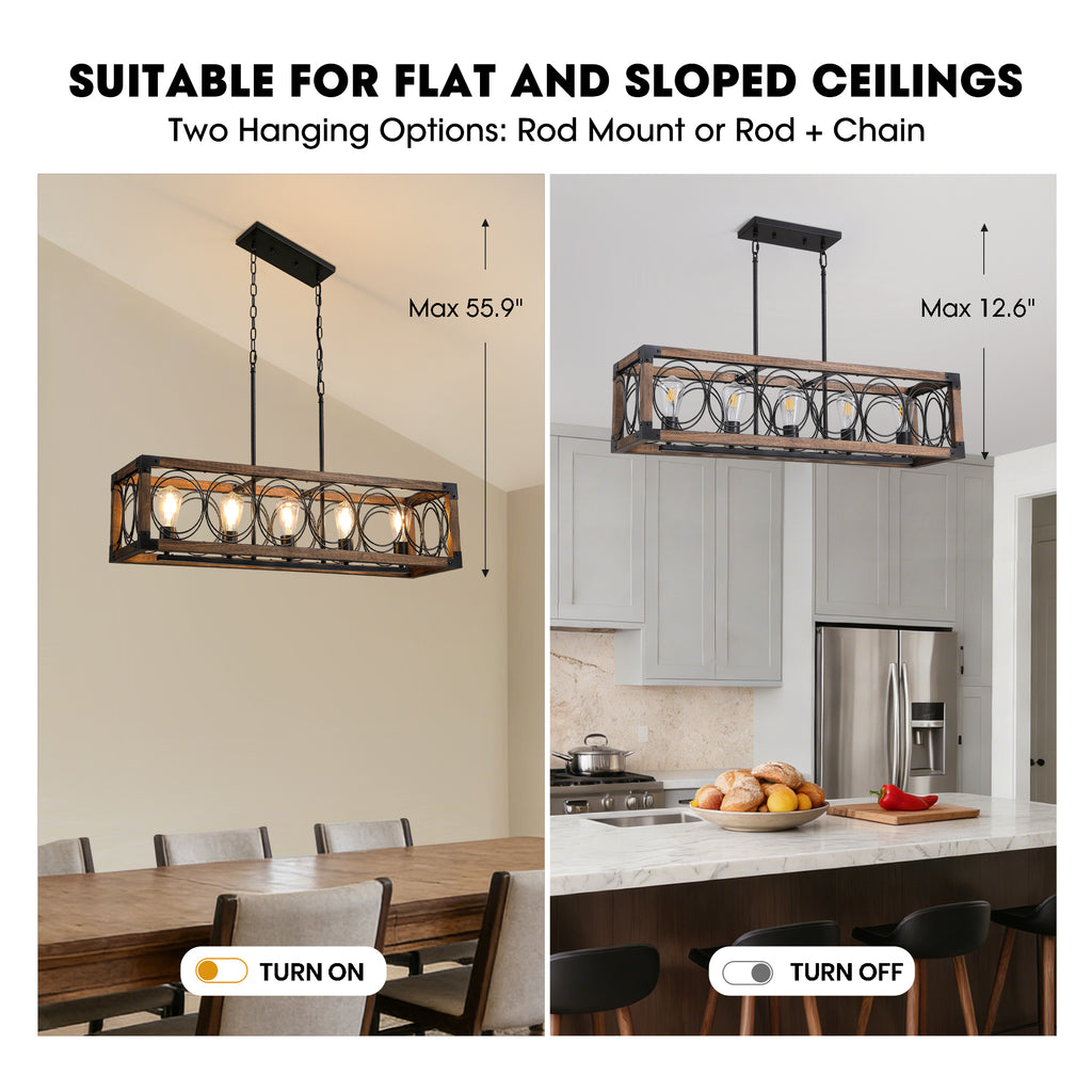 5 - Light Dimmable Modern Farmhouse Rectangle Solid Wood Chandelier