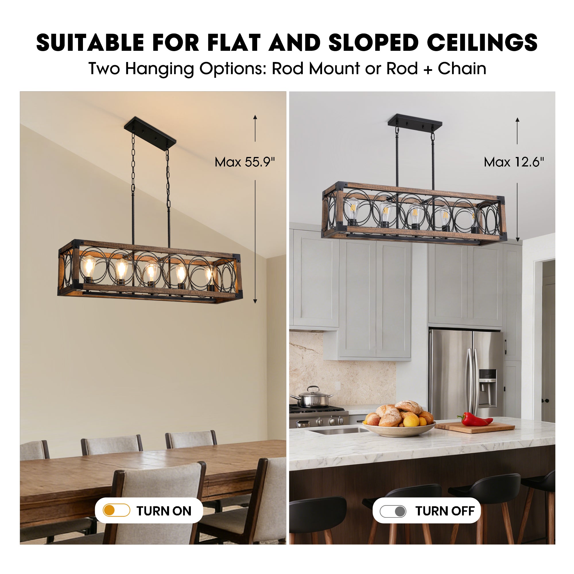 5 - Light Dimmable Modern Farmhouse Rectangle Solid Wood Chandelier